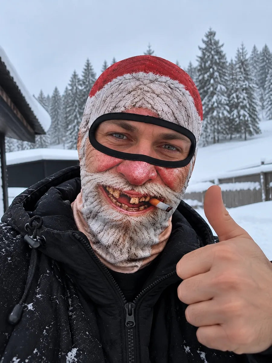 Santa-style Old Man Mask with a white beard, thumbs-up in the snow