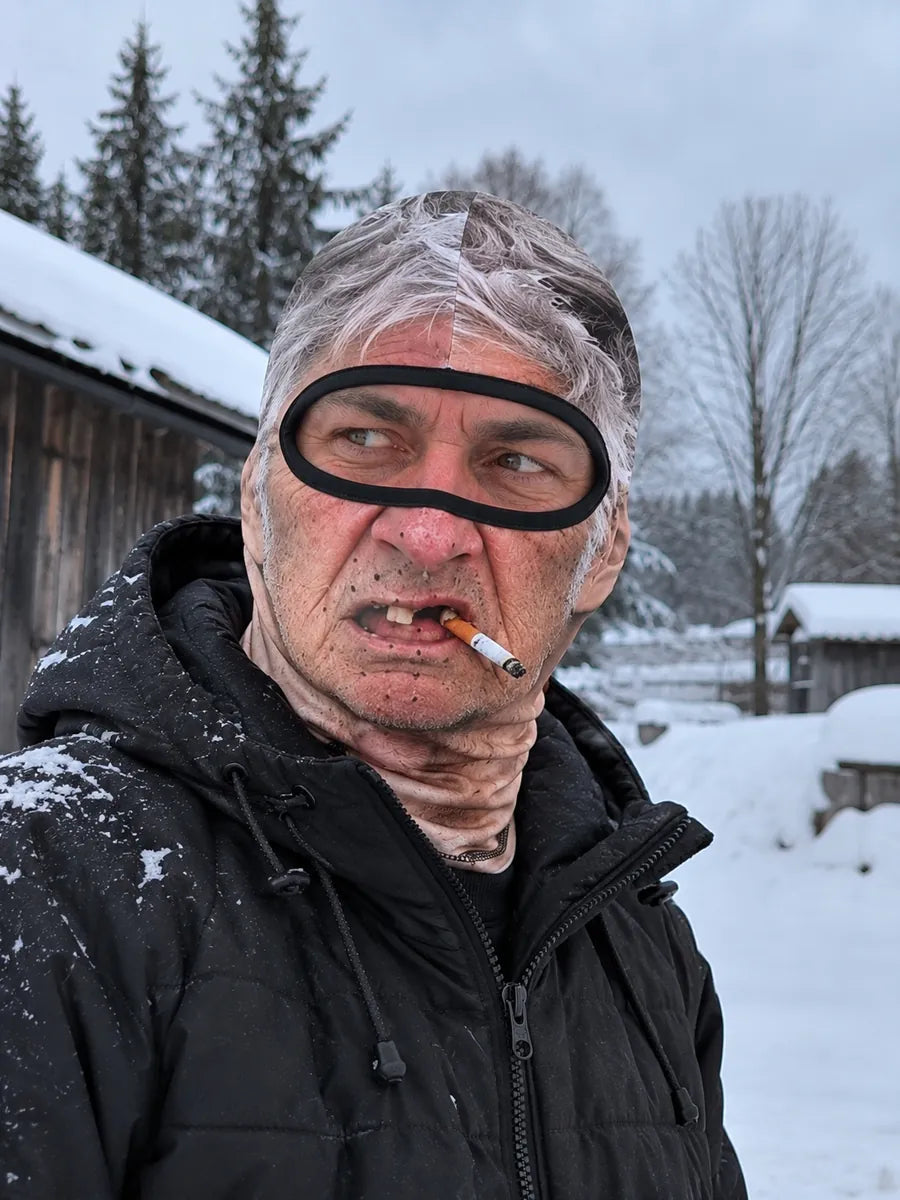 Grey-haired Old Man Mask seen from a side angle